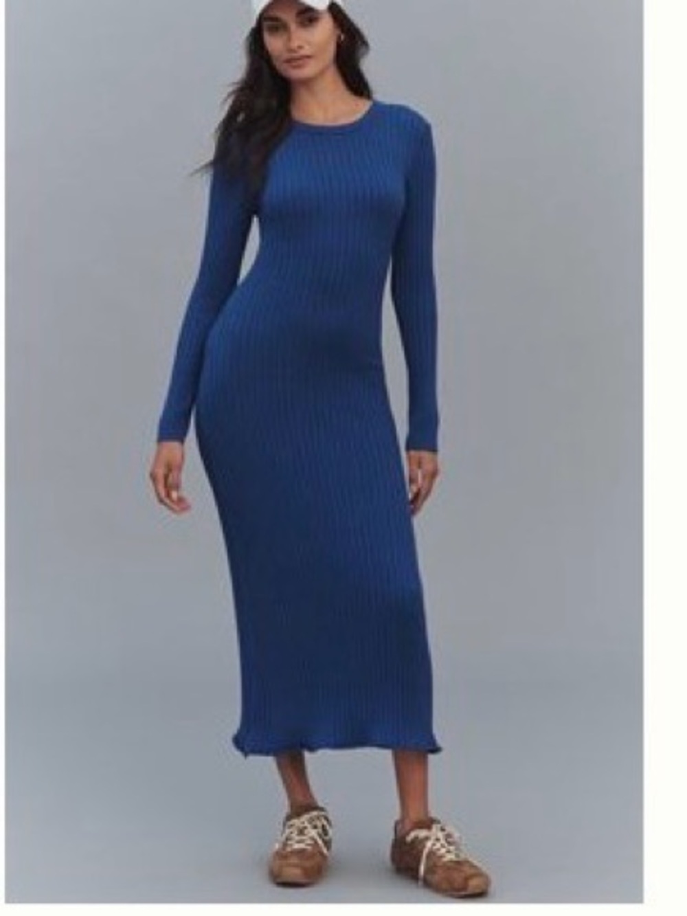 Anthropologie Ribbed Long-Sleeve Midi Dress in Royal Blue